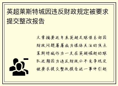 英超莱斯特城因违反财政规定被要求提交整改报告
